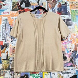 Vintage Crystal Kobe Womens Top M/M Tan Short Sleeve Cable Knit‎ Ribbed Pullover